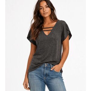 Women's Charcoal V-neck Tulip short Sleeve Top M